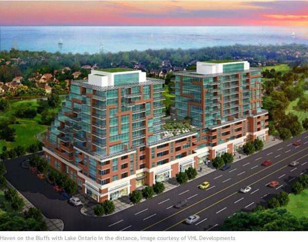 Haven on the Bluffs with Lake Ontario in the distance, image courtesy of VHL Developments Haven on the Bluffs condos, Toronto by VHL Developments